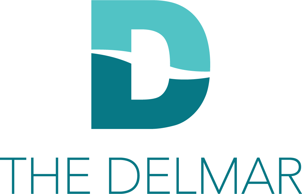 A graphic with a blue and green design and the words "THE DELMAR" written in white.